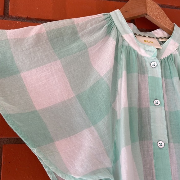 MAEVE ANTHROPOLOGIE Short Sleeve Flutter Plaid Gingham Button Front Top - Picture 7 of 8